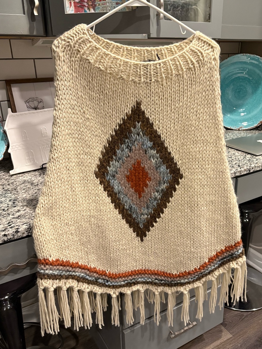 NWT Cream Diamond Knit Poncho with Fringe